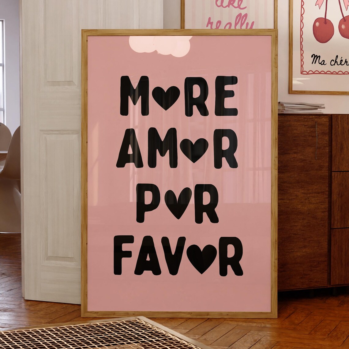 More Amor Por Favor Black Hearts Pink Spanish Love Quote Poster
