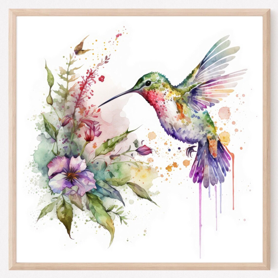 Hummingbird Watercolor Art Print, Bird With Flowers