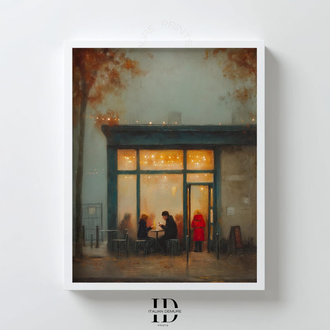 Rainy Cafe Evening Moody Couple Warm Glow Street Scene Art Poster