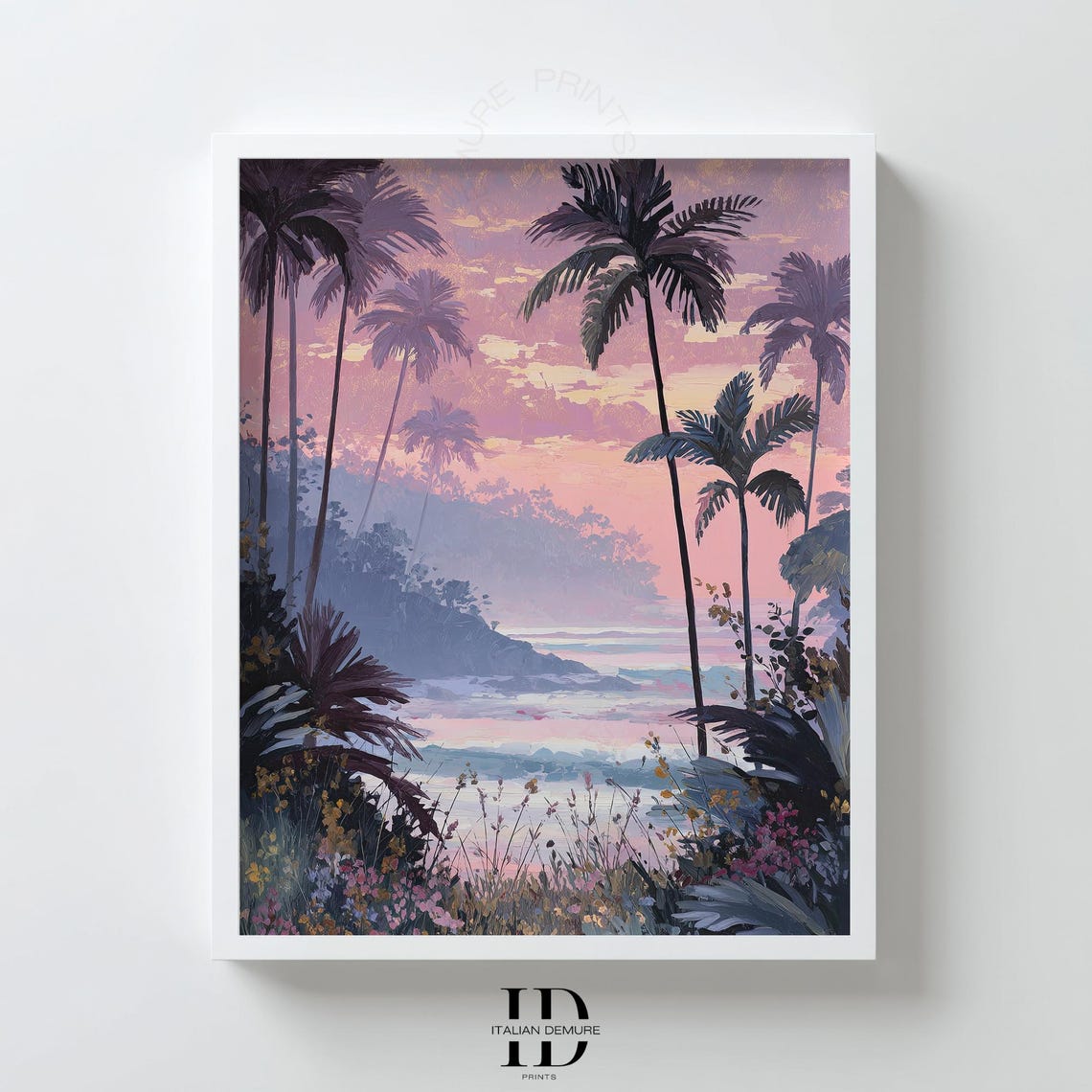 Tropical Palm Trees at Pink Sunset Ocean Landscape Art Poster