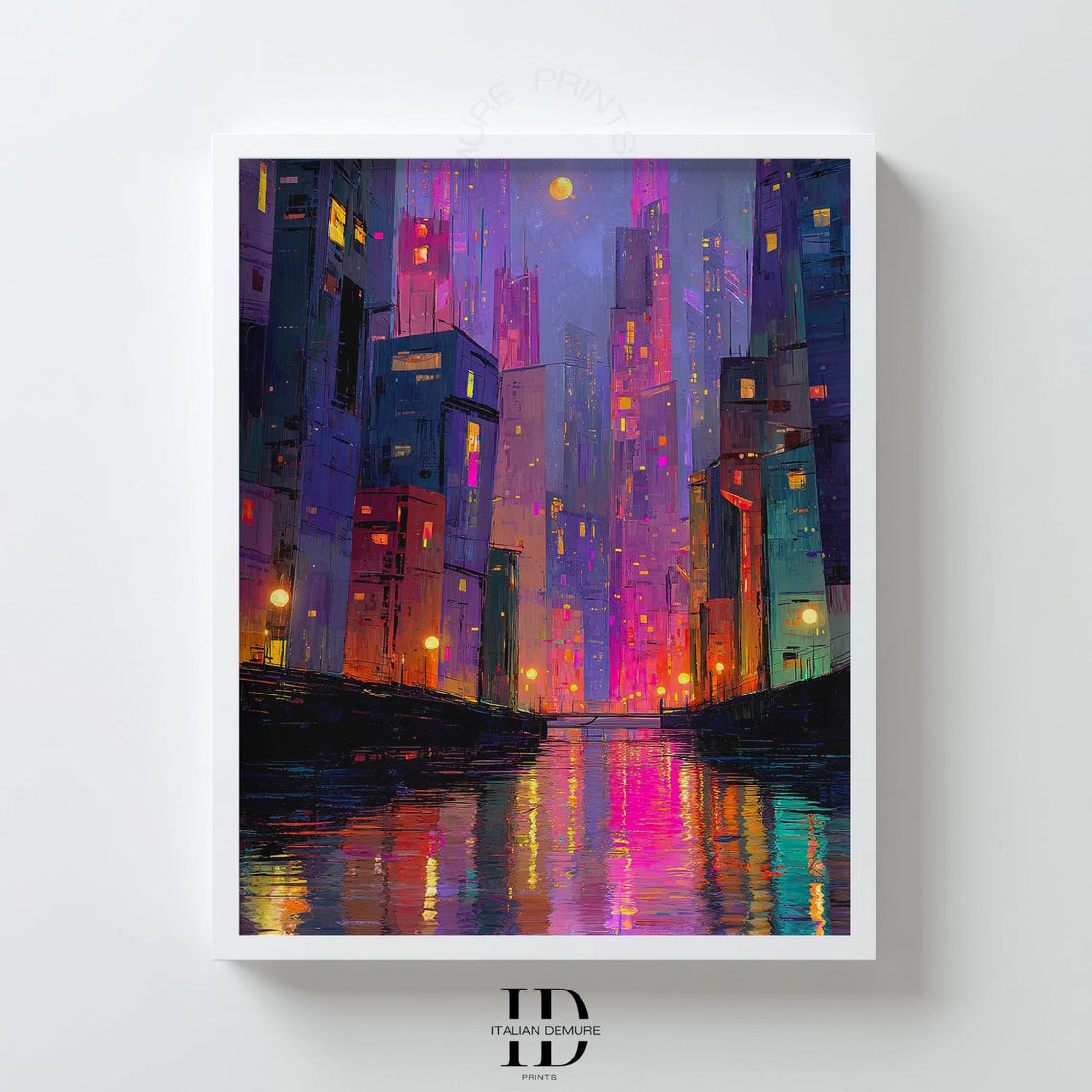 Neon Futuristic Cityscape Night River Reflections Modern Art Print