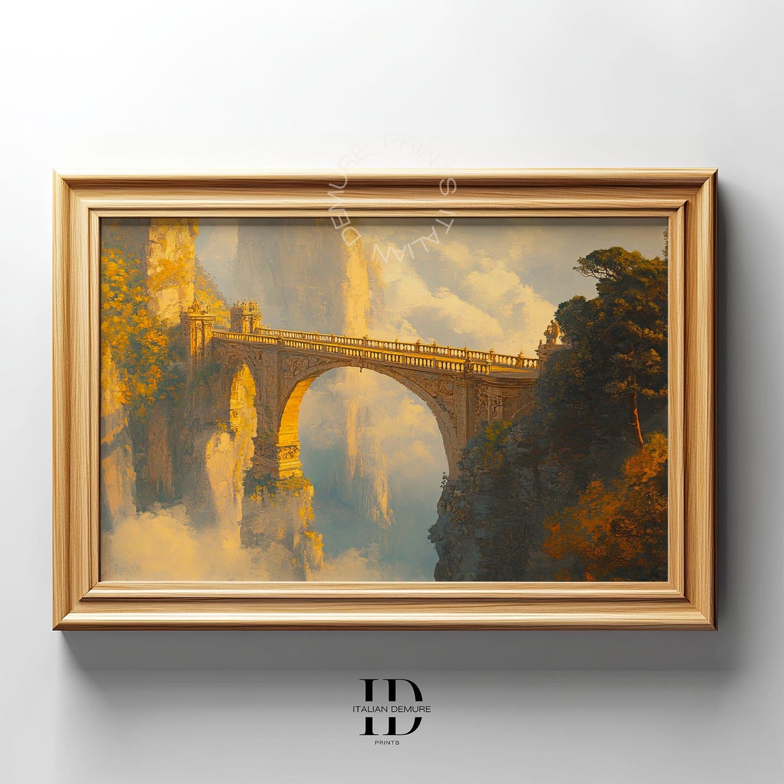 Romantic Golden Fantasy Bridge Dreamy Misty Canyon Landscape Poster