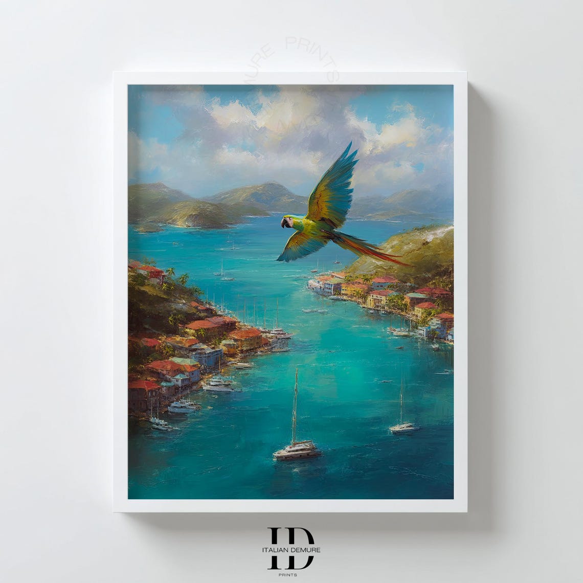 Macaw Parrot Flying Over Turquoise Coastal Harbor Seascape Art Poster