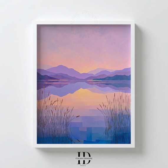 Purple Lake Sunset Wall Art Minimalist Mountain Landscape Print Pastel Lavender Reflection Modern Decor Bedroom Poster