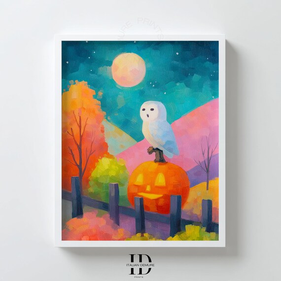 Halloween Owl On Pumpkin Whimsical Fall Wall Art Moonlit Autumn Landscape Print Colorful Kids Room Decor