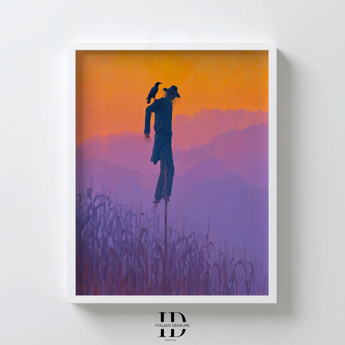 Scarecrow Silhouette Sunset Cornfield Crow Rustic Landscape Poster