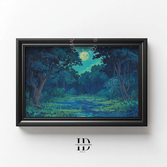 Moonlit Forest Swamp Print Enchanted Blue Night Landscape Art Mystical Nature Scene Painting For Home Office Decor