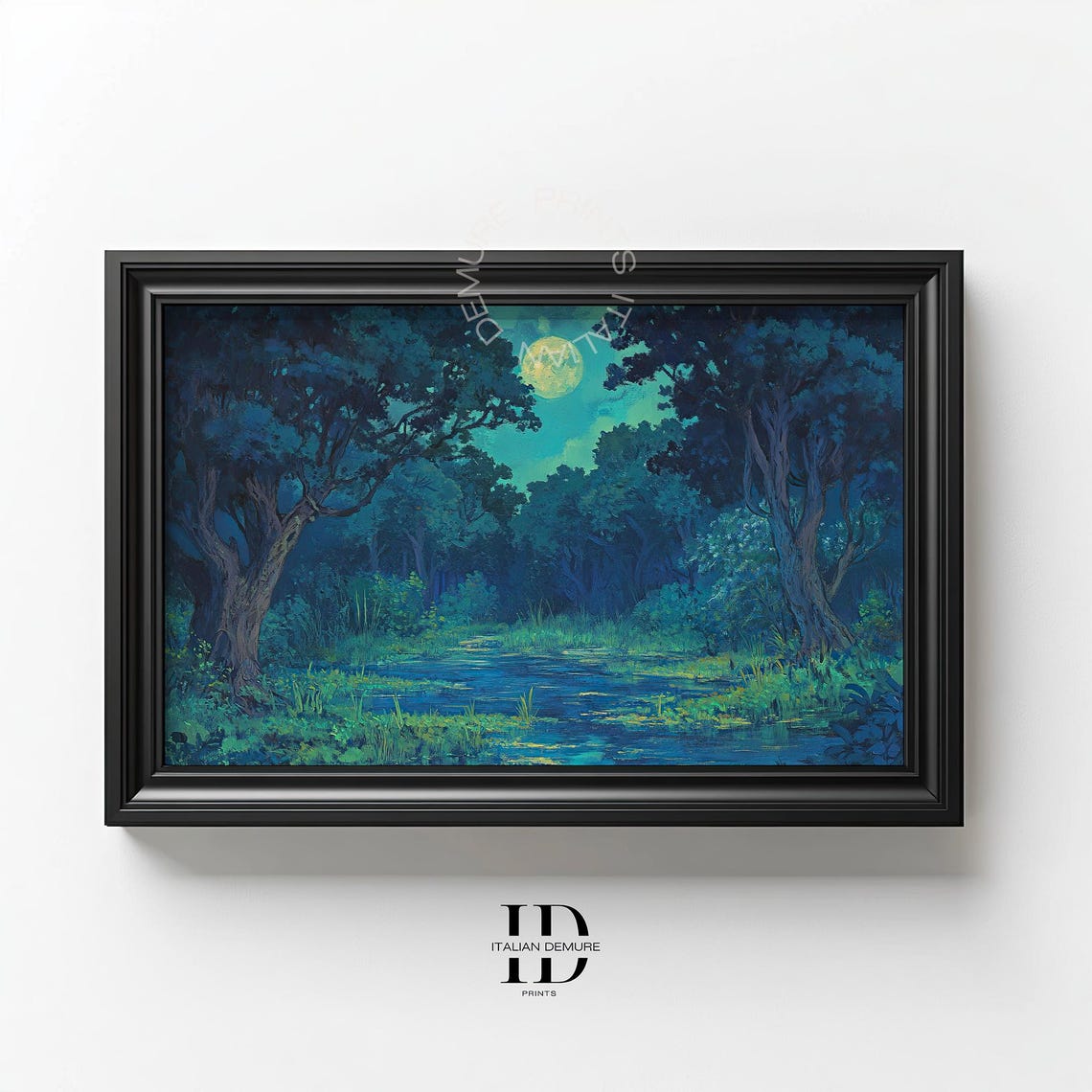 Moonlit Forest Stream Night Blue Enchanted Woodland Art Poster