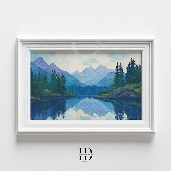 Blue Mountain Lake Wall Art Watercolor Landscape Print Serene Nature Artwork Reflection Painting