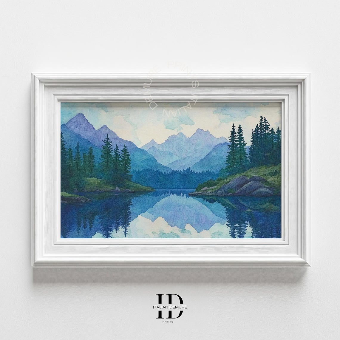Blue Mountain Lake Serene Watercolor Reflection Pine Forest Poster