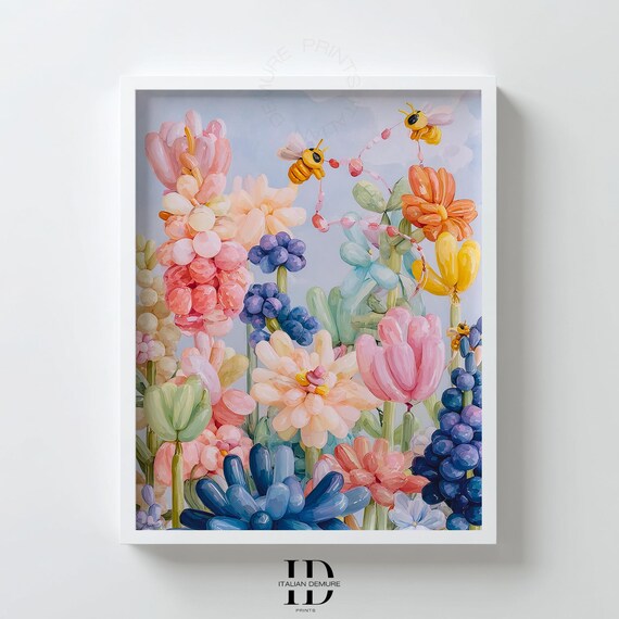 Balloon Flower Garden Wall Art Pastel Bloom Print With Bees Whimsical Spring Botanical Illustration Playful Nursery Decor