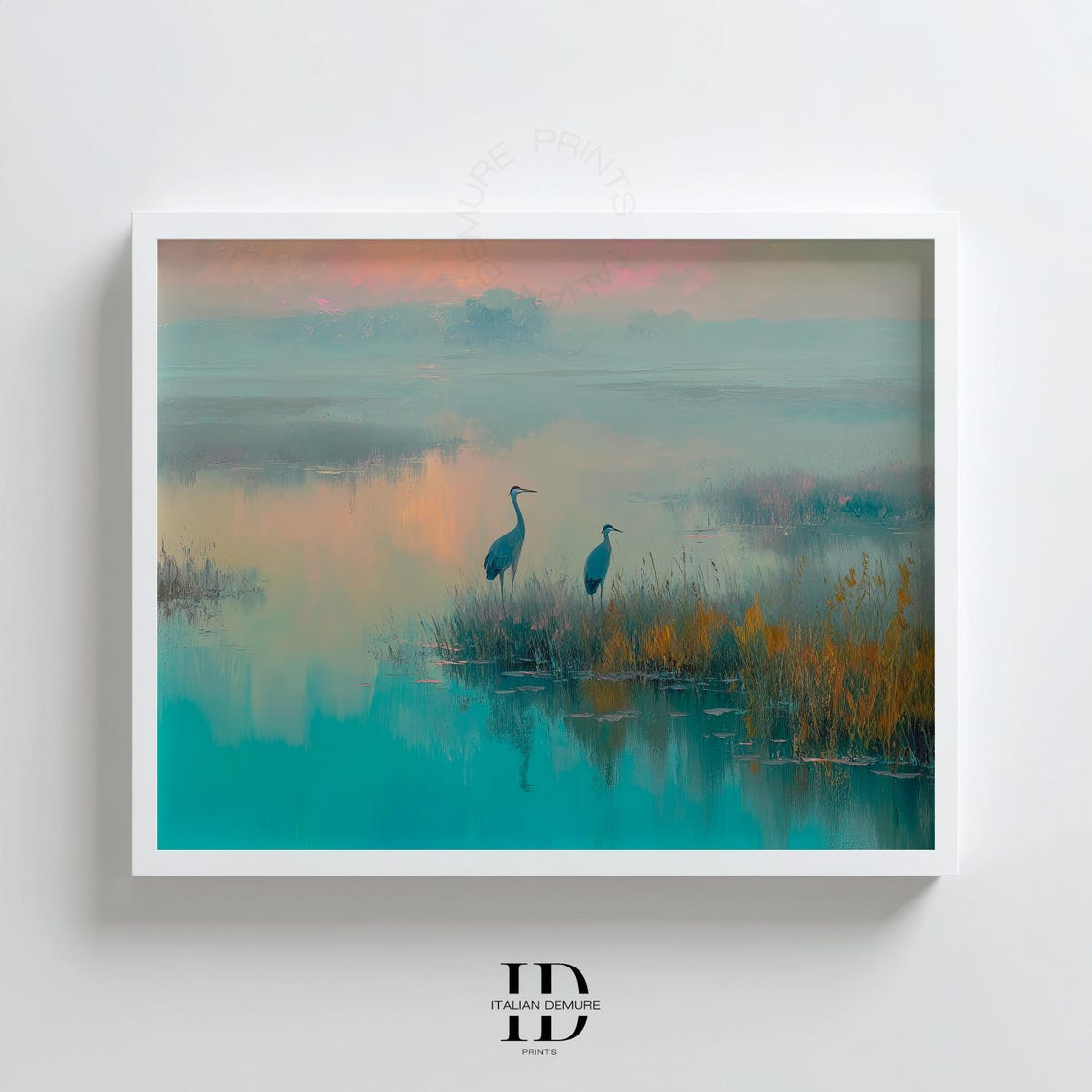 Heron Marsh Sunset Misty Lake Two Birds Teal Water Nature Art Poster
