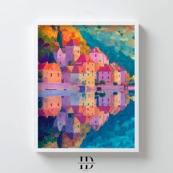 Colorful Italian Village Lake Reflection Modern Landscape Art Print