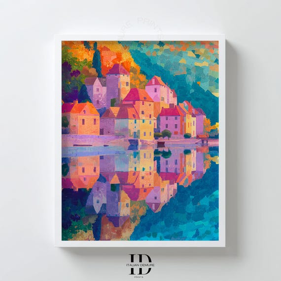 Colorful Italian Village Wall Art Vibrant Abstract Landscape Print Coastal Town Reflection Painting Home Decor