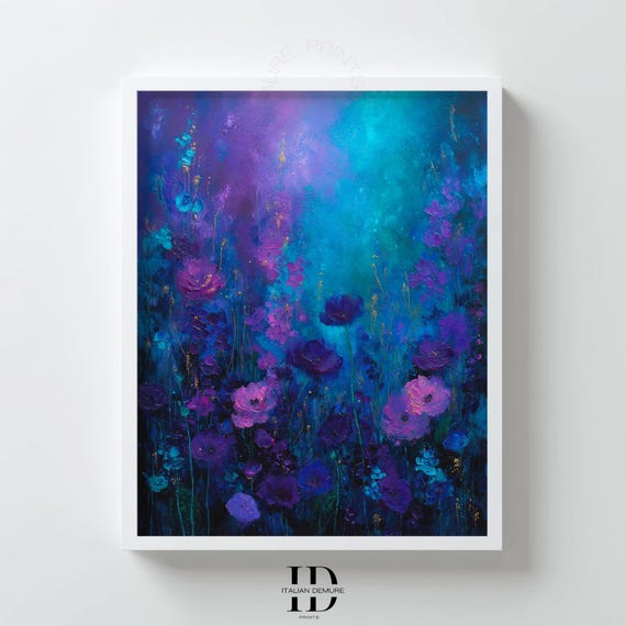 Purple Blue Floral Wall Art Abstract Flower Print In Teal And Violet Modern Botanical Painting Vibrant For Bedroom Decor