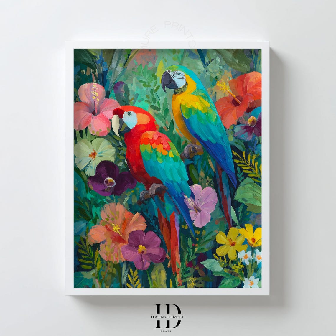 Two Macaw Parrots Among Tropical Hibiscus Flowers Jungle Poster