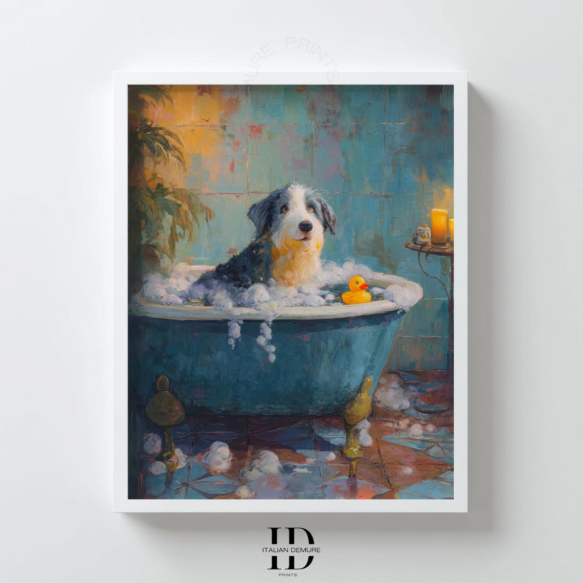 Shaggy Dog in Bubble Bath with Rubber Duck Funny Bathroom Poster