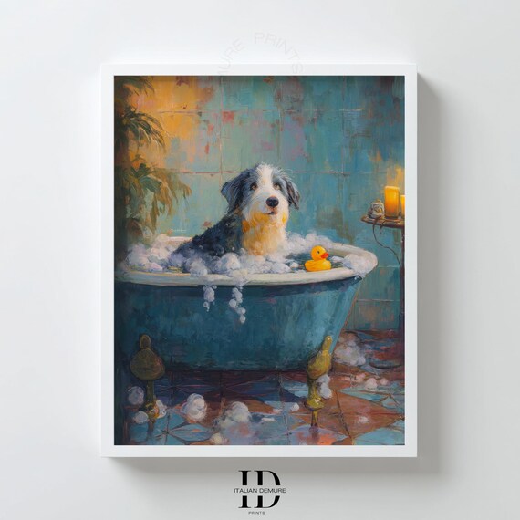 Dog Bathtub Wall Art Funny Bathroom Print With Rubber Duck Shaggy Pup Illustration Cozy Pet Decor