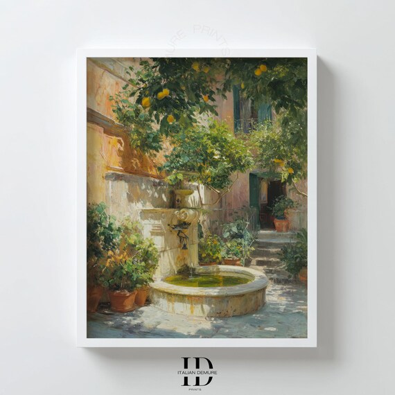 Italian Courtyard Fountain Lemon Tree Sunlit Garden Wall Poster