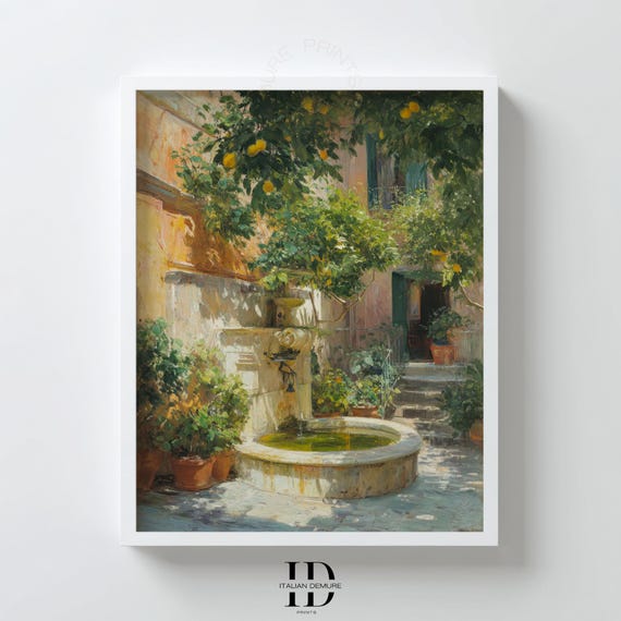Italian Courtyard Wall Art Rustic Fountain Print Sunlit Garden Poster Tuscan Lemon Tree Patio Decor