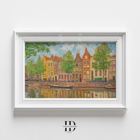 Amsterdam Canal Houses Wall Art Impressionist Cityscape Print European Travel Vintage Urban Home Decor