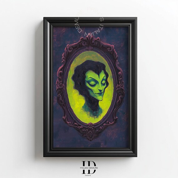 Haunted Mirror Portrait Print Gothic Green Witch Wall Art Spooky Dark Fantasy Painting Mysterious Halloween Decor
