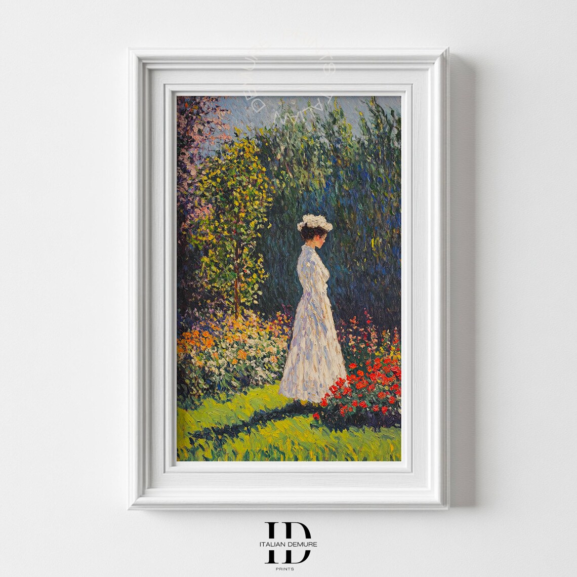 Woman in White Dress Flower Garden Impressionist Painting Poster
