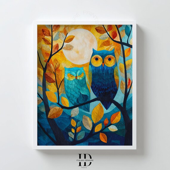 Owl Wall Art Moonlit Forest Print Teal And Blue Owls Illustration Whimsical Folk Decor Poster Nursery Bedroom