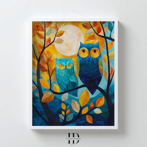 Two Blue Owls Moonlit Branch Golden Leaves Whimsical Art Poster