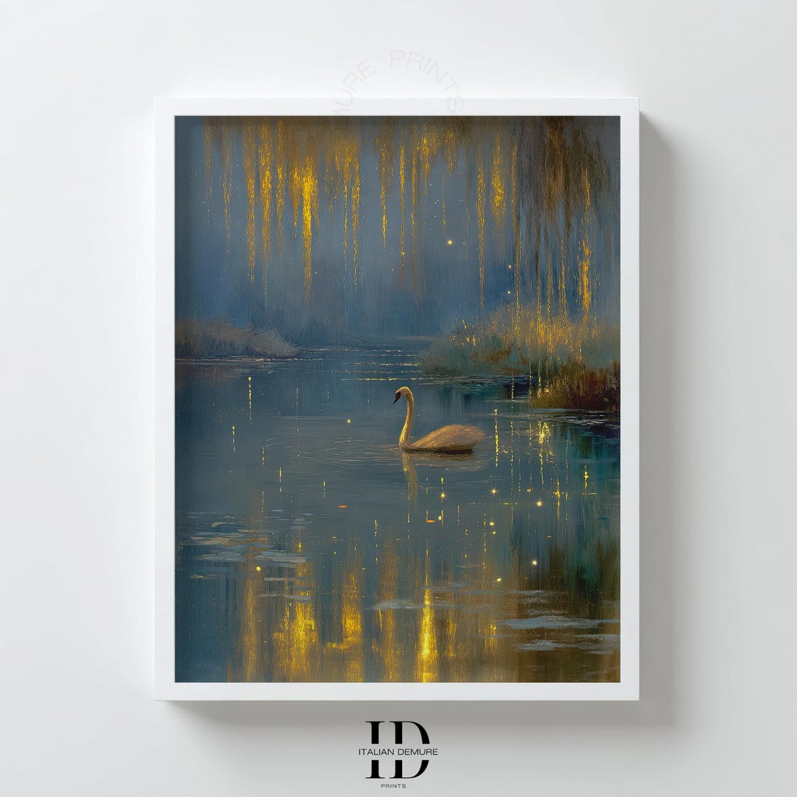 Golden Swan Moonlit Pond Dreamy Reflection Nature Elegant Art Poster