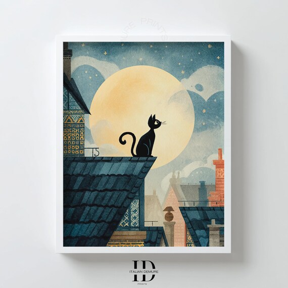 Black Cat On Rooftops Moonlit Night Sky Print Whimsical Cityscape Art Teal Blue Wall Decor Vintage Storybook Poster