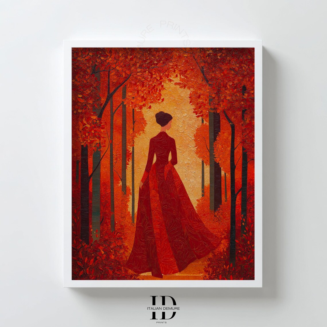 Woman in Red Dress Walking Autumn Forest Golden Leaves Trail Wall Poster