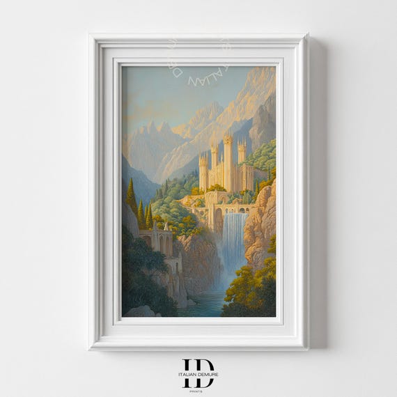 Enchanted Fantasy Castle Art Majestic Waterfall Mountain Painting Dreamy Fairytale Landscape Print