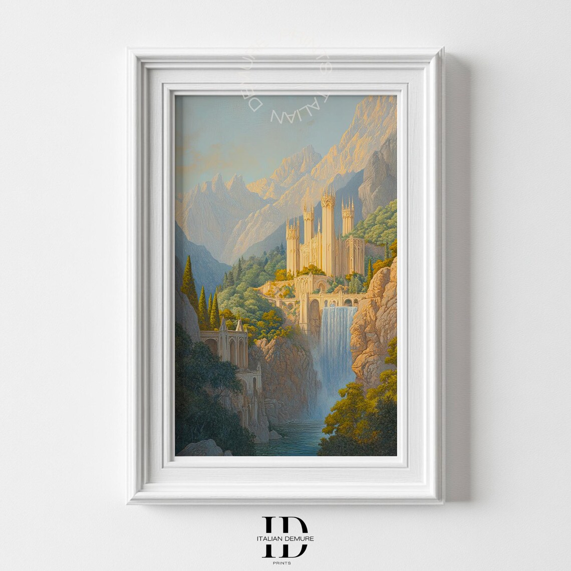 Fantasy Golden Castle Waterfall Mountain Valley Enchanted Kingdom Art Poster