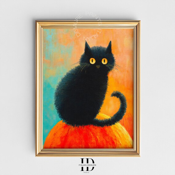 Black Cat On Pumpkin Wall Art Halloween Illustration Print Whimsical Fall Decor Orange Teal Background Poster