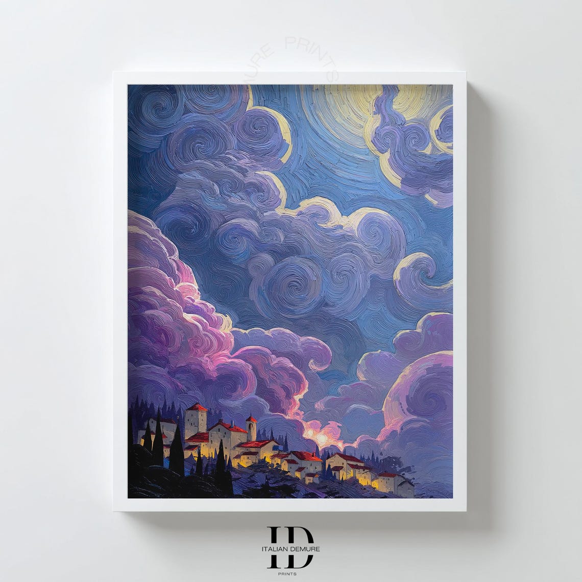 Italian Village Night Sky Swirling Clouds Starry Hill Town Art Poster