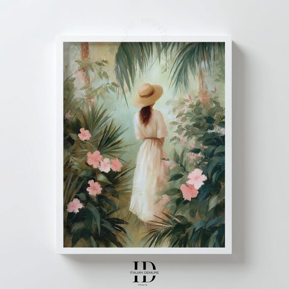 Tropical Woman Wall Art Feminine Jungle Print Soft Botanical Painting With Flowers Romantic Neutral Boho Bedroom Decor