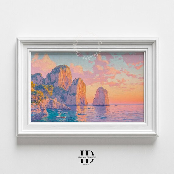 Capri Faraglioni Rocks Sunset Seascape Italy Coastal View Wall Poster