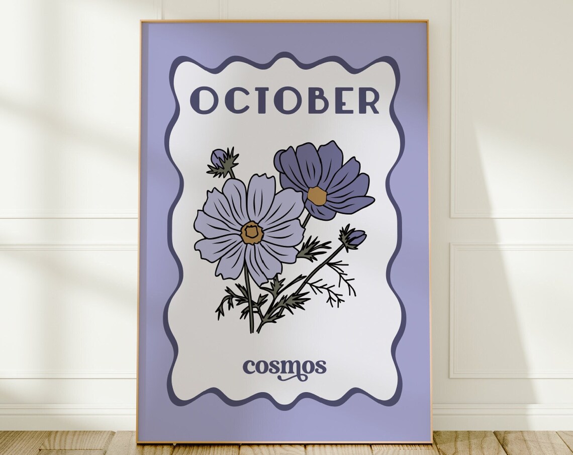 October Birth Flower Print, Blue Floral Illustration