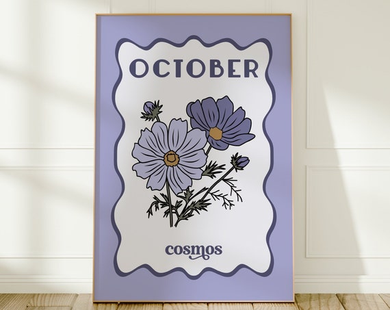 October Birth Flower Print, Blue Floral Illustration