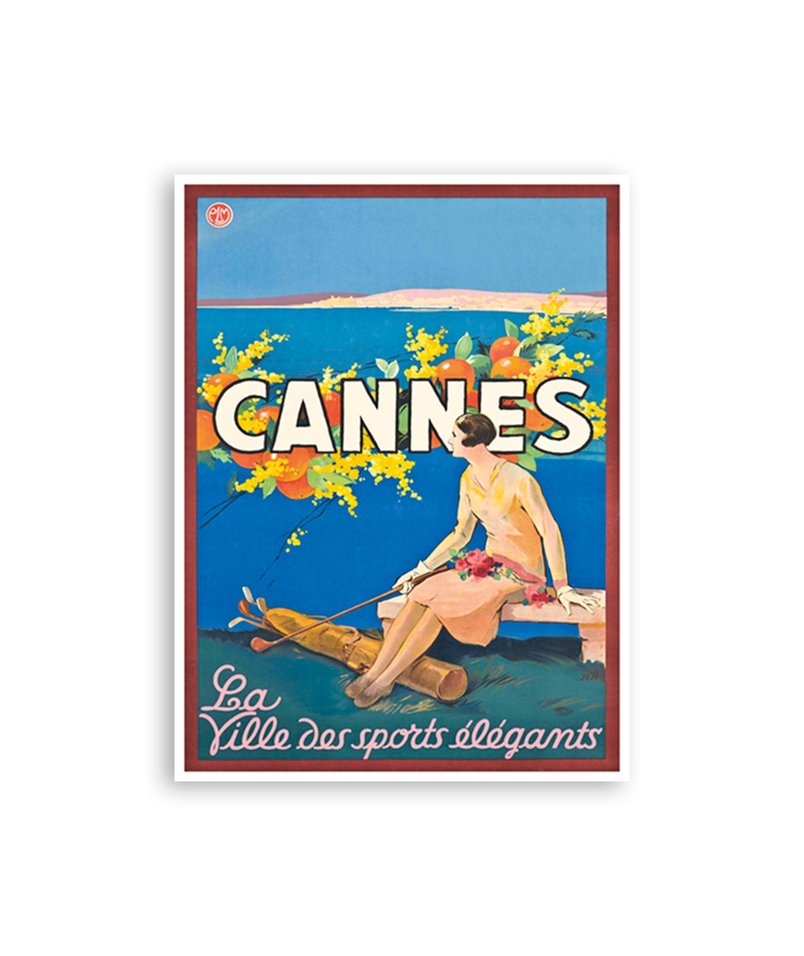 Cannes France Vintage Travel Poster Golfer Lady Riviera Elegance