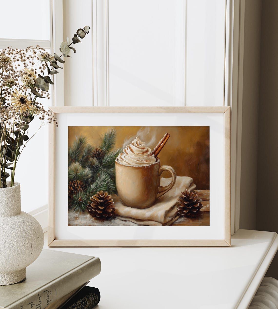 Steaming Cocoa Mug With Pinecones Golden Winter Kitchen Art Poster - Image 3