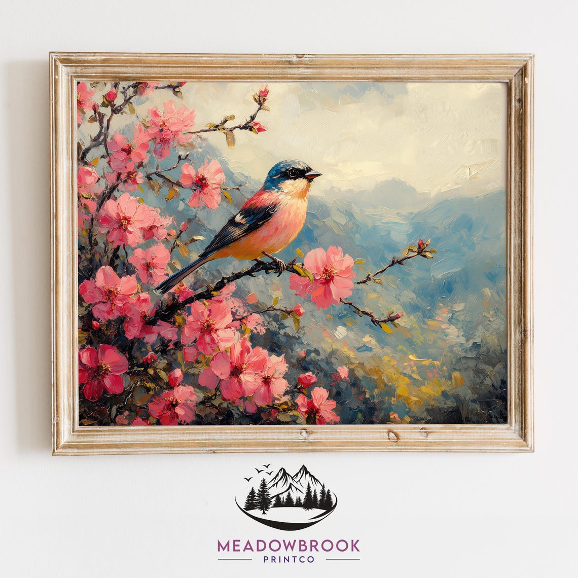 Finch Among Pink Azalea Blooms Mountain Spring Oil Painting Poster