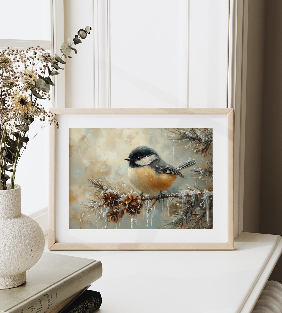 Chickadee Bird on Icy Pine Branch With Pinecones Winter Snow Scene - Image 3