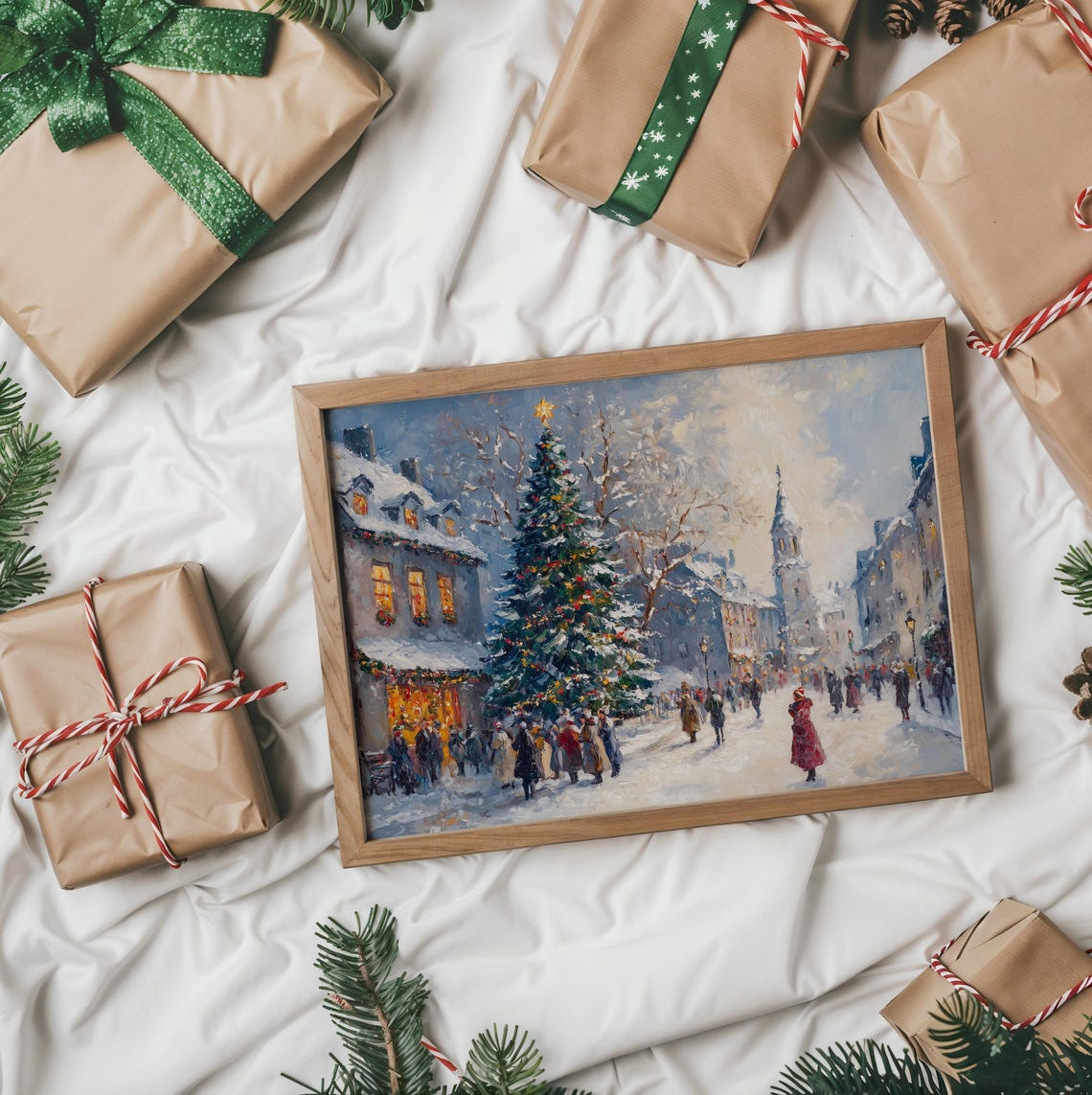 Festive Christmas Village Square Tree Vintage Holiday Painting Print - Image 3