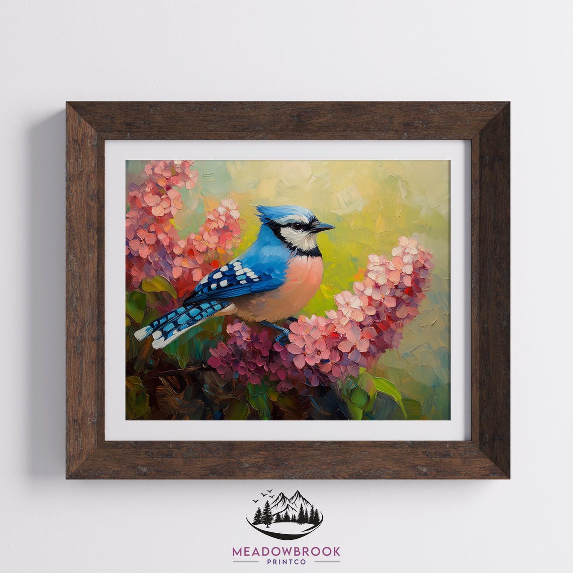 Blue Jay Among Blooming Coral Blossoms Spring Impasto Art Poster - Image 2