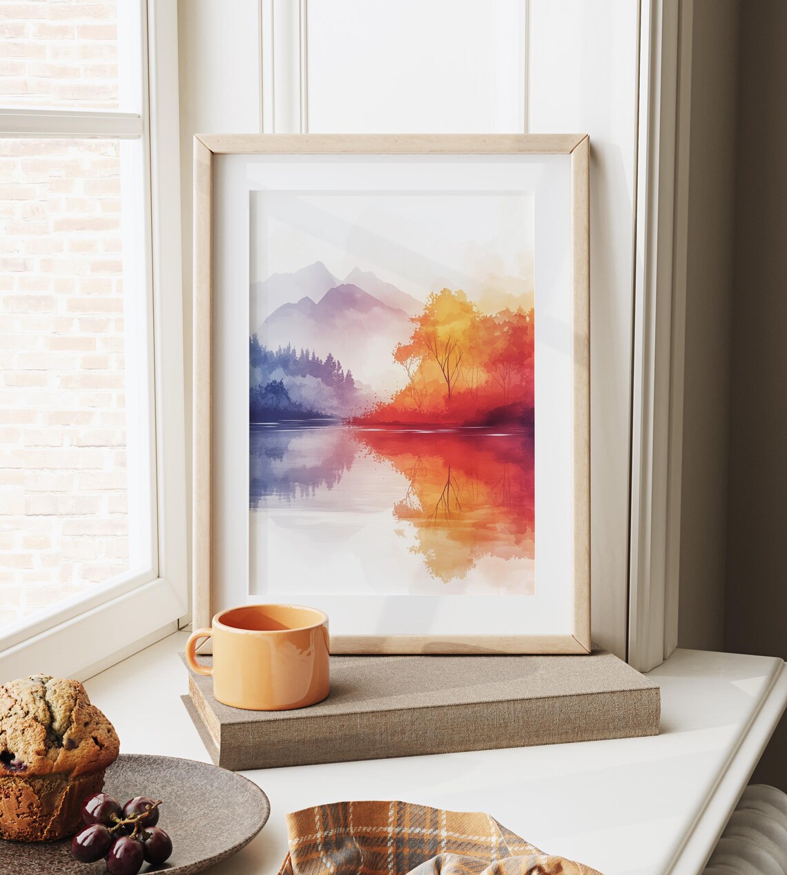 Serene River Sunrise Mirror Reflection Autumn Watercolor Nature Poster - Image 3