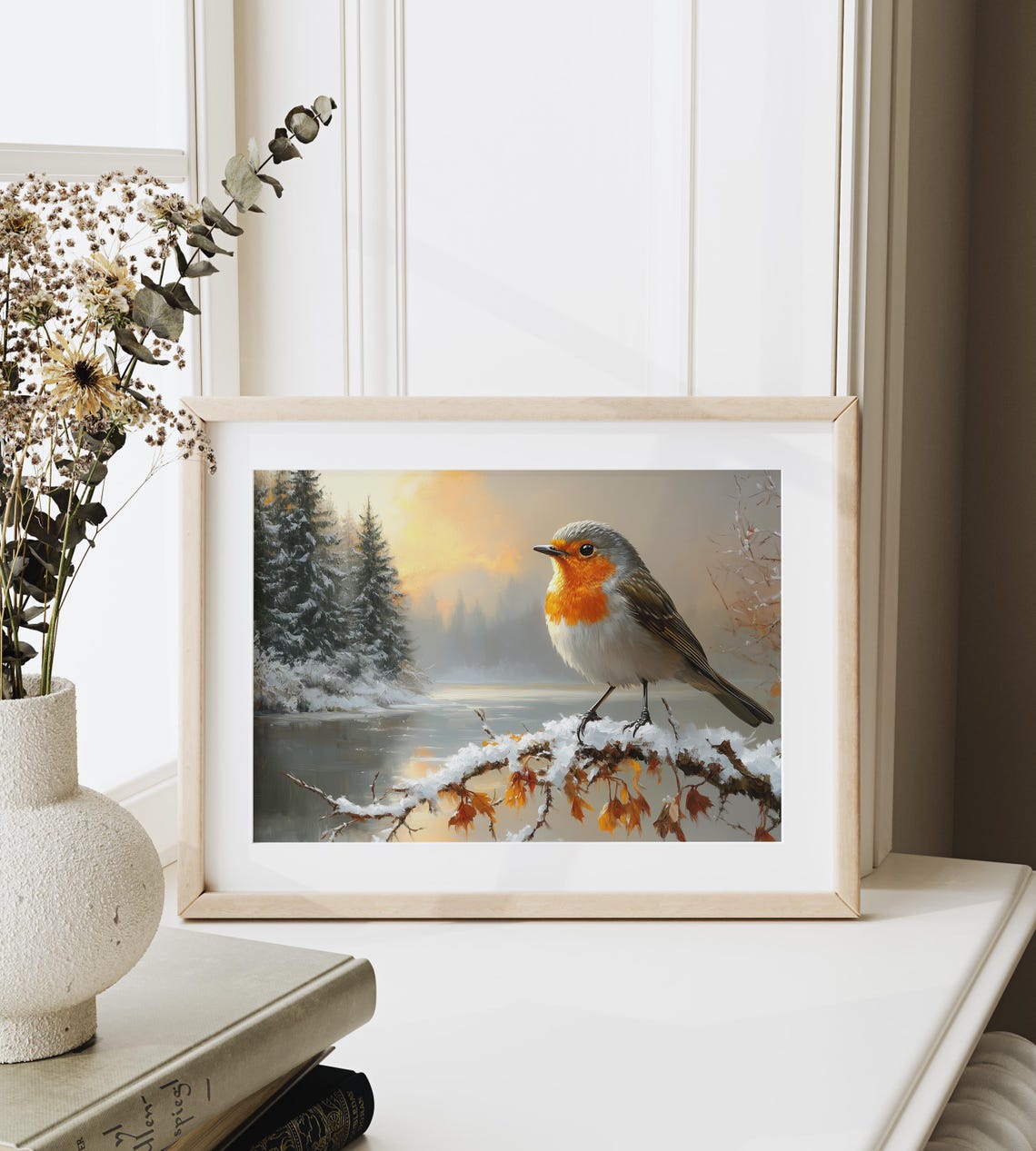 European Robin On Snowy Winter Branch By Frozen Lake Sunrise Poster - Image 3