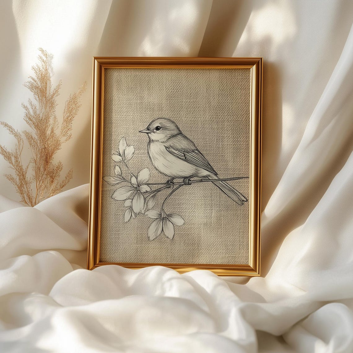 Small Songbird Pencil Sketch On Branch Rustic Bird Art Print Poster - Image 2