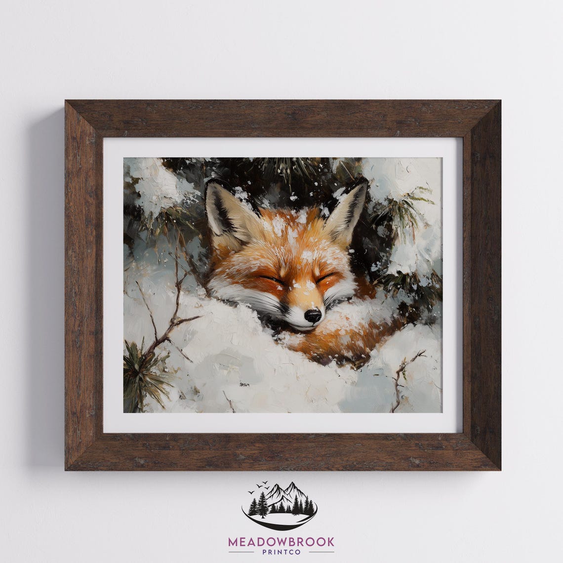Sleeping Red Fox In Snowy Winter Forest Wildlife Painting Print - Image 2